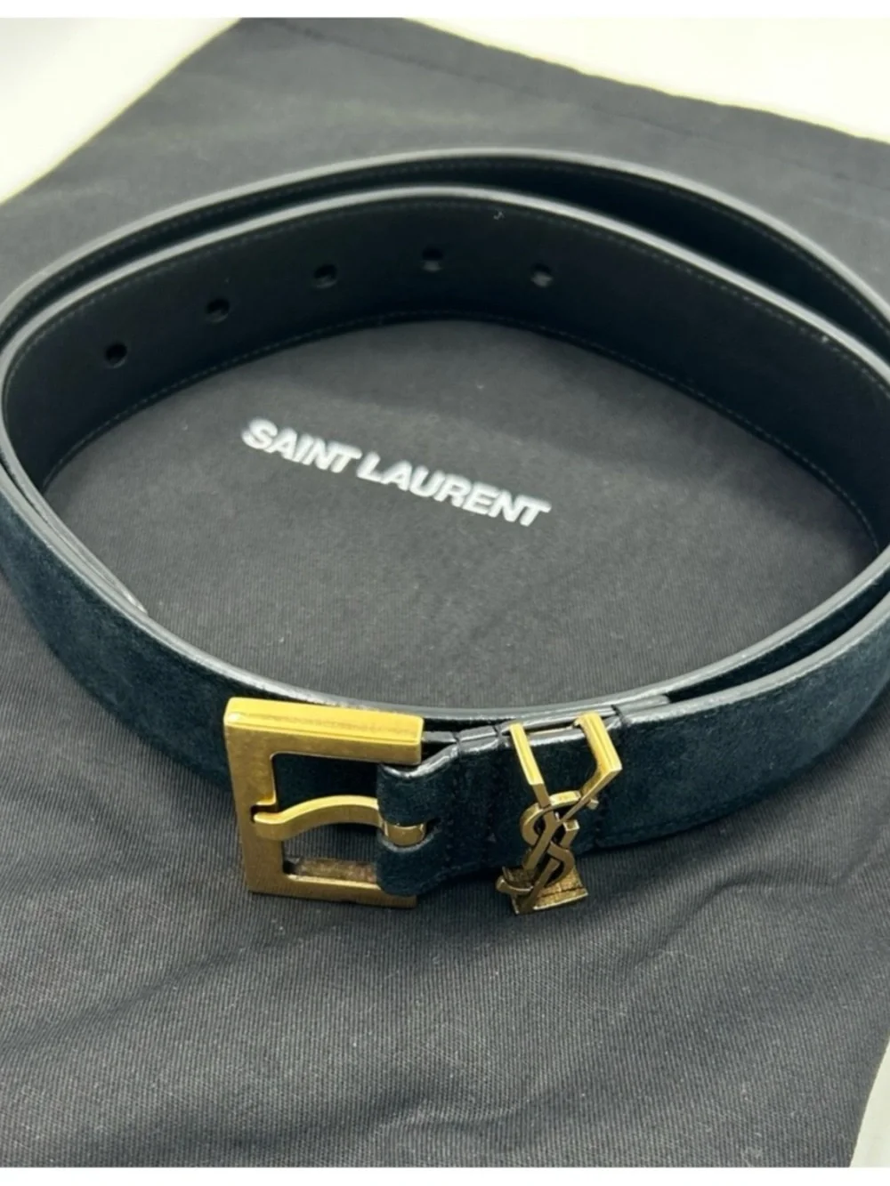 Women's Saint Laurent Black Suede Belt with Gold YSL Logo 80/32 inches